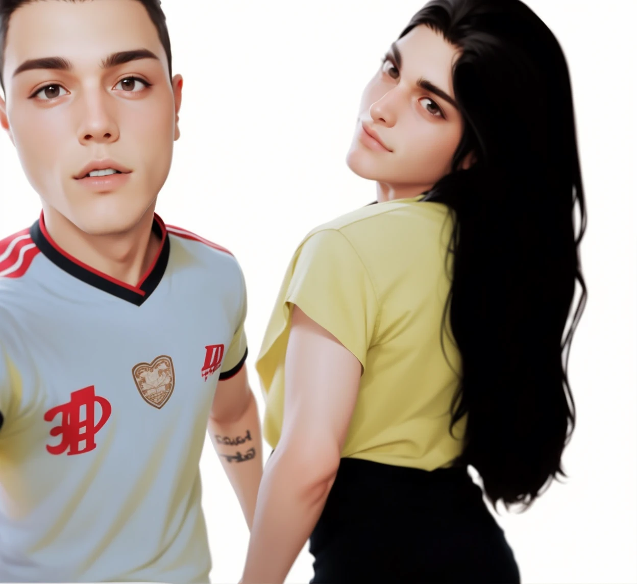 Best quality, casal, cabelo preto, adolescentes, camisa amarelo, camisa branca, 24 anos