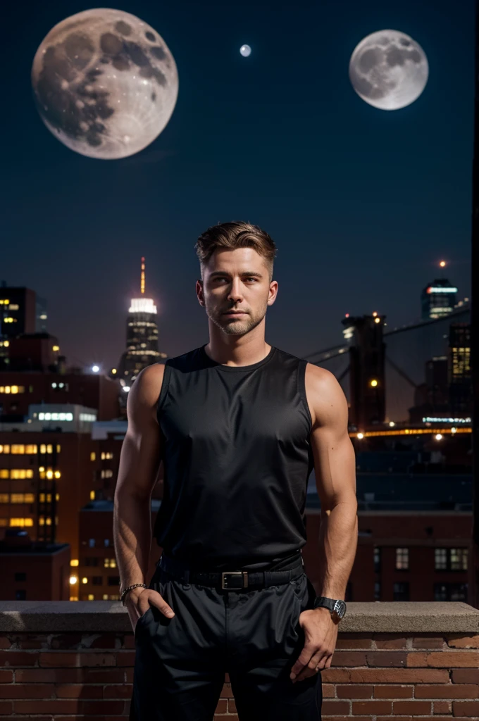 Brooklyn standing on a rooftop with the moon rising behind him, masterpiece, best, photo realistic