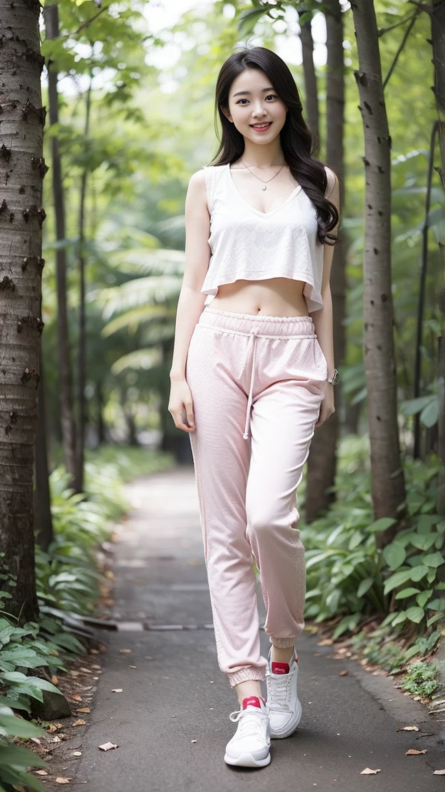 masterpiece, best quality, Surreal, Ultra Detailed, 8k resolution, RAW photos, Clear focus, (A girl in the forest), ((light gray shirt:1.1)), sleeveless, Long sweatpants,Full body posture, Solitary, Perfect body, Become a, 32 inches in the chest,(a charming smile:1), (sexy pose),26 years old, light,White shoes