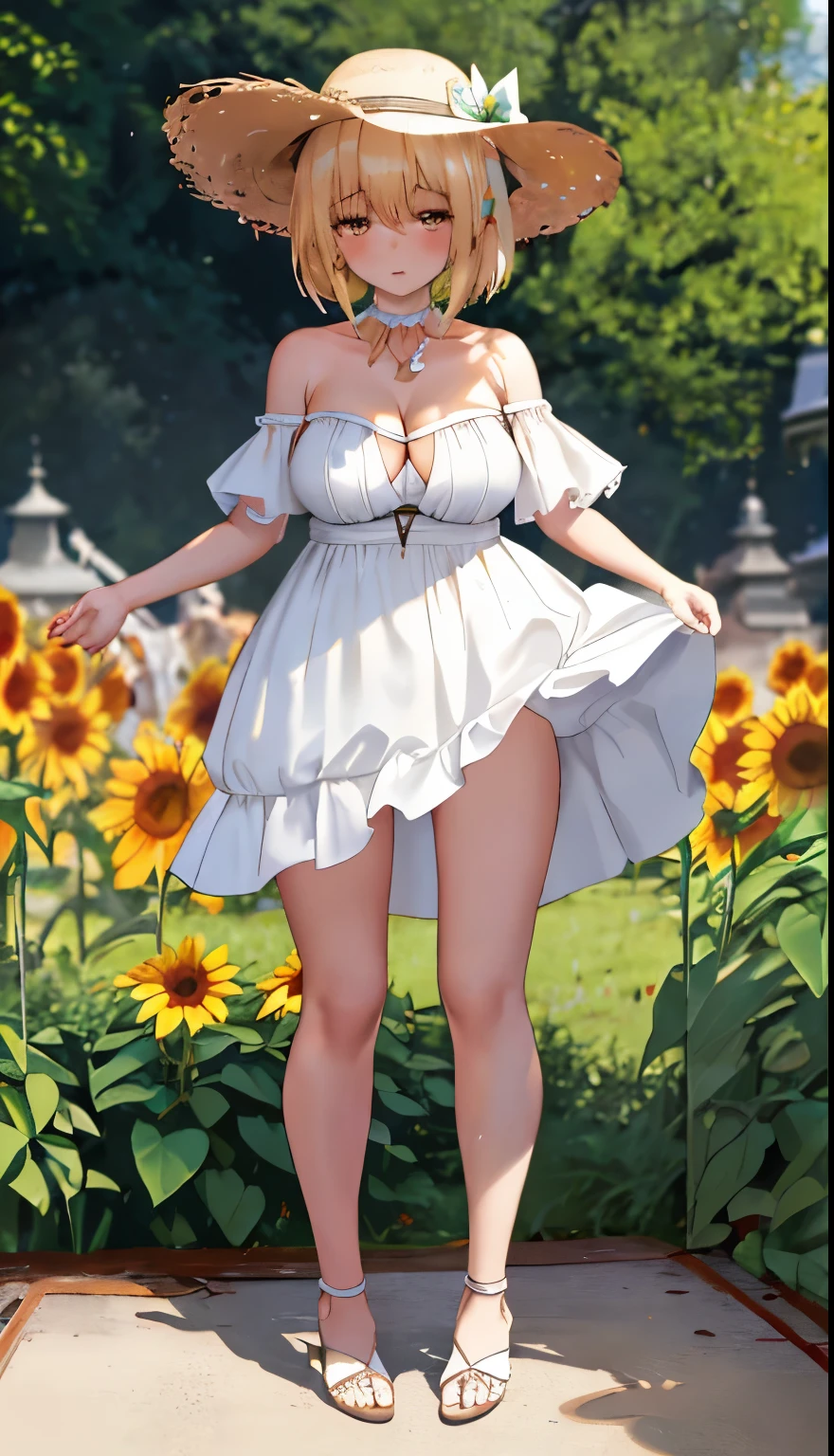 One Girl、Blonde、Shiina Mayu、positive、Standing posture、Full body portrait、Medium Haircut、blush、Absolute area、No panties、No bra、barefoot、White dress、Off-the-shoulder dress、（Very large breasts）、Cleavage、((Lesbians around the world))、masterpiece、（highest quality）、barefoot、((White high heels))、Bare your breasts、sunflower、Outdoor、Very short skirt、Thighs、Straw hat、((Exposing the breasts))、((Bare your breasts))、((Showing nipples))