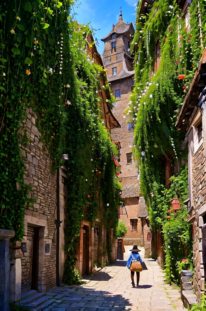 A quaint medieval town with cobblestone streets and thatched-roof houses. The hero walks through the town square, talking to villagers. The marketplace is bustling with activity, and children are playing nearby.