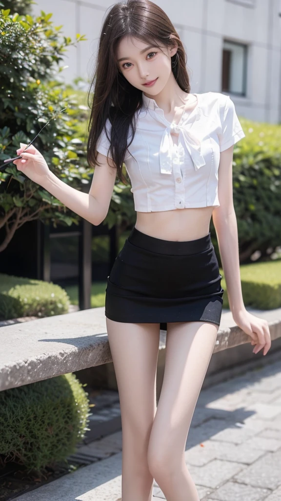 RAW, masterpiece, best quality, extremely detailed, 8k, HDR, photorealistic, intricate, (A skinny Korean girl), (straight hair), (extremely-slim body), (narrow and small hips:1.3), (extremely-white pale-porcelain skin), smile, standing, outdoors, wearing a (short sleeves shirt that is fully opened revealing bra) and (black extremely-short microskirt:1.4), (close-up picture) 