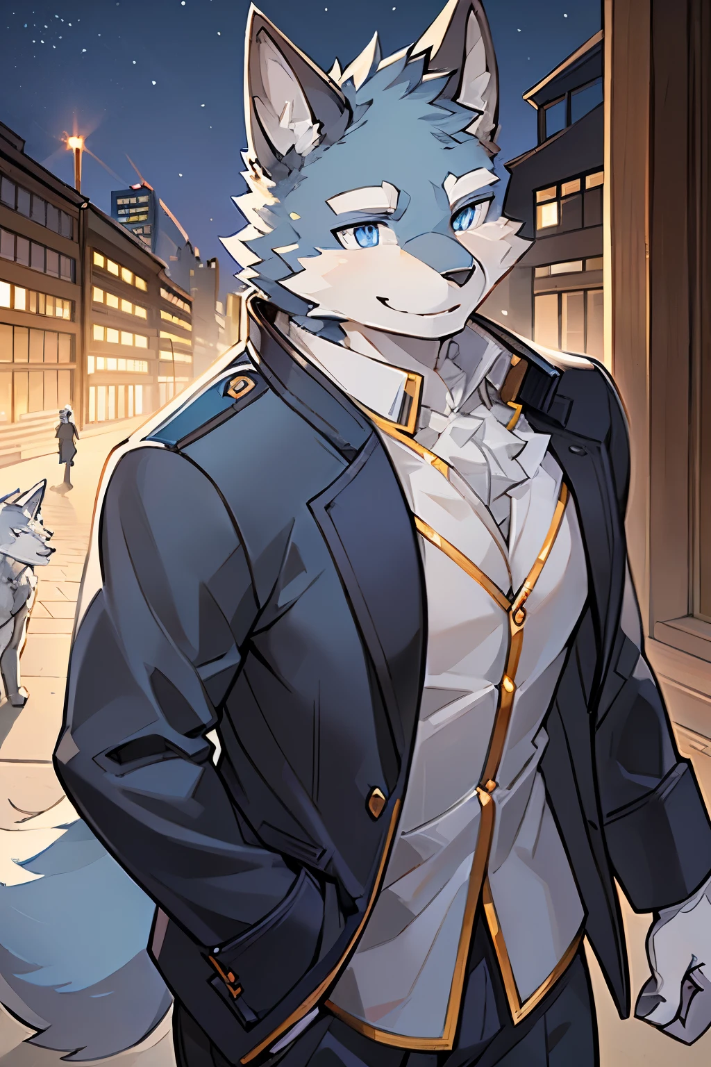 Exquisite lines，best quality。university student，male，Gray fur,grey ears,body torn, Background of the entrance of the city community in the evening,Direct vision,smiling,Happy Mood,greet，Blue eyes，Wolf Orc