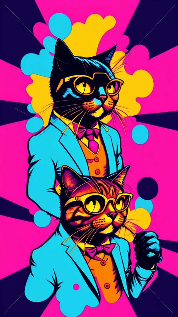 [nfts avatar style art][pink background]A colorful portrait of a cat with glasses and a suit jacket, cartoon style, splashes of color*, cartoon portrait,, caricature illustration, ultra-detailed,cartoon!! !, inspired by art Bored Ape Yacht Club, hippie, cartoon,