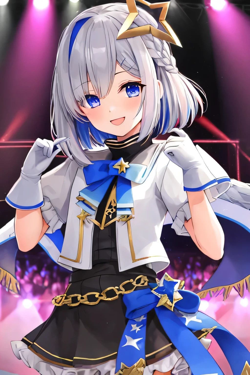 (highest quality, masterpiece), One girl, smile,stage,Idol,blue eyes, Purple eyes, Grey Hair, Blue Hair, Striped Hair, Hair on one eye, Inner hair color, Single Hair Intake, bangs, Short Hair Kanatadef,