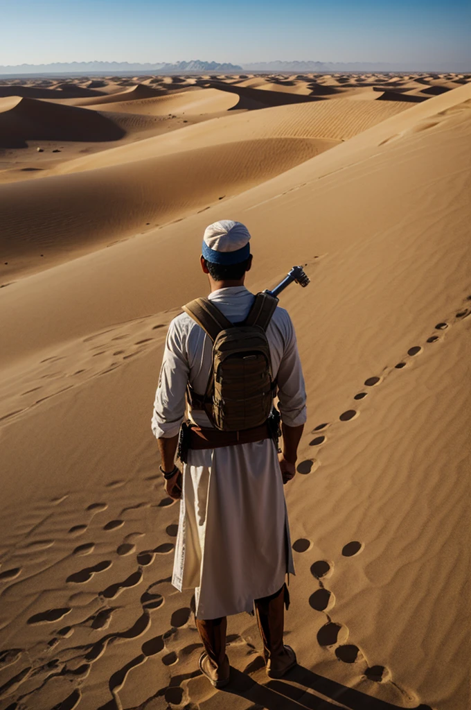 Explorer man with the shemag staring into the desert horizon