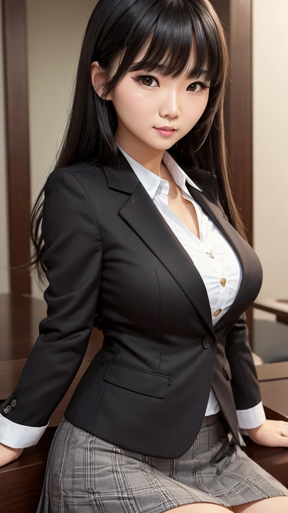 ((high quality)), ((Tabletop)), (Detailed face), (highlight),　Asian woman、Big breasts、Black Hair、Heavy bangs、skirt、blazer