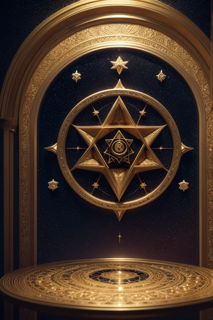 and gold, intricate detail, fractal, mystical symmetry, moon and stars, astrology, stained glass background, fiber optic lights, rotated, octane render, masonic, high detail, 3D, perfect composition, negative space, epic lighting, 4k, octane render, volumetric lighting, cinematic lense