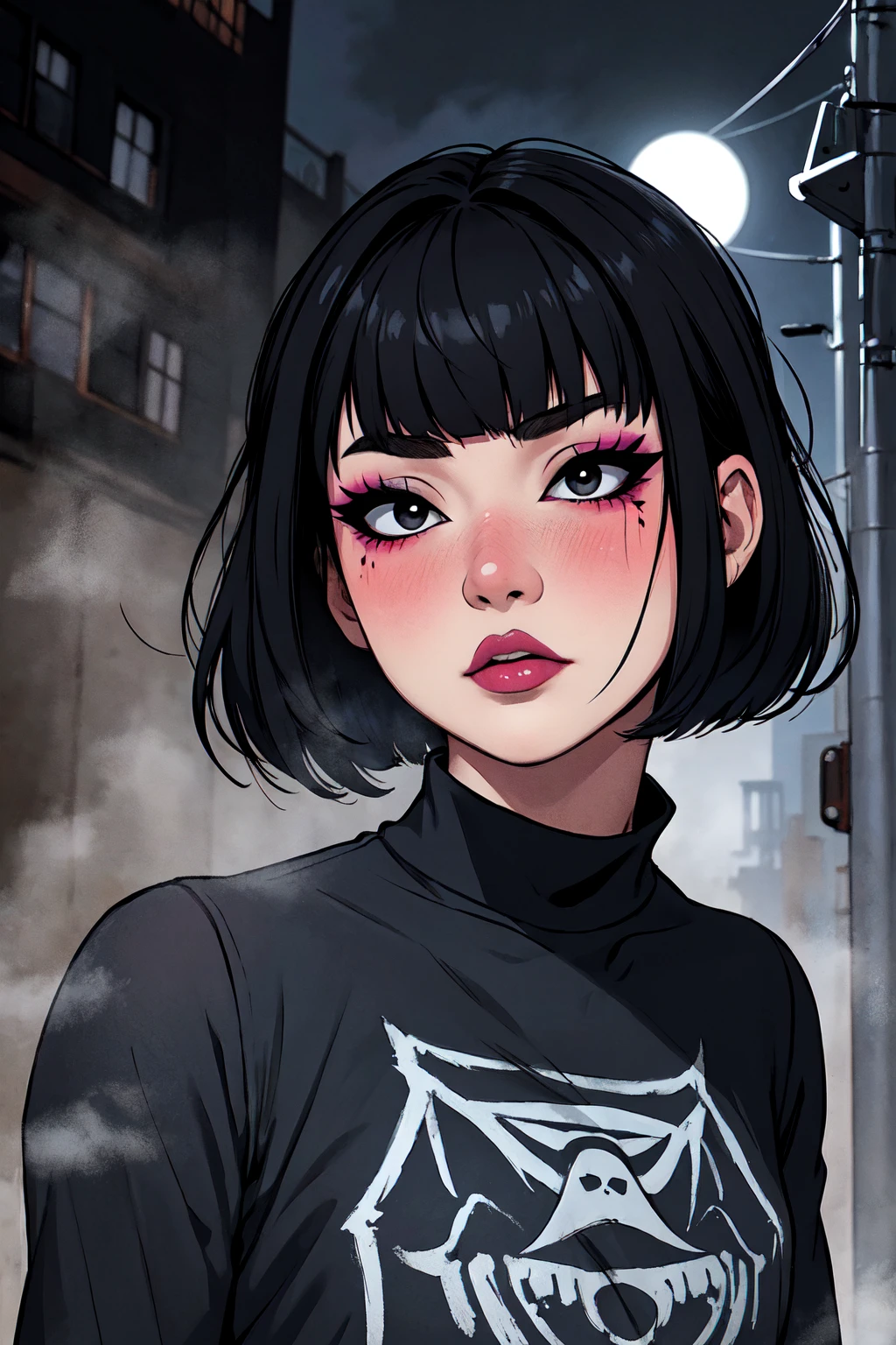 1girl, FengMin, solo, skinny, black eyes, asian eyes, eyeliner, looking at viewer, lips, black bob cut, blunt bangs, blush, standing, upper body, face focus, outdoors, horror \(theme\), night, fog egirlmakeup