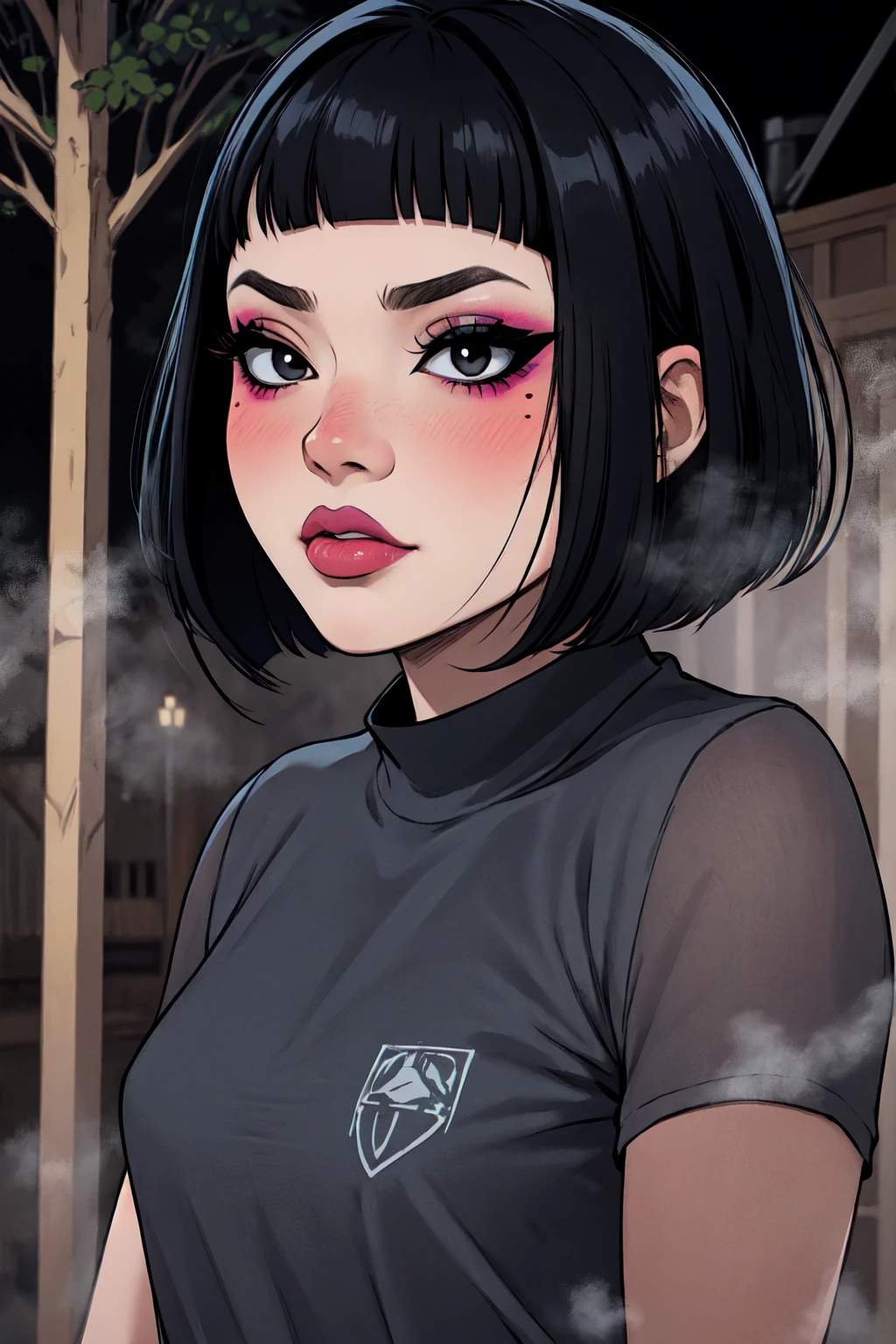 1girl, FengMin, solo, skinny, black eyes, asian eyes, eyeliner, looking at viewer, lips, black bob cut, blunt bangs, blush, standing, upper body, face focus, outdoors, horror \(theme\), night, fog egirlmakeup