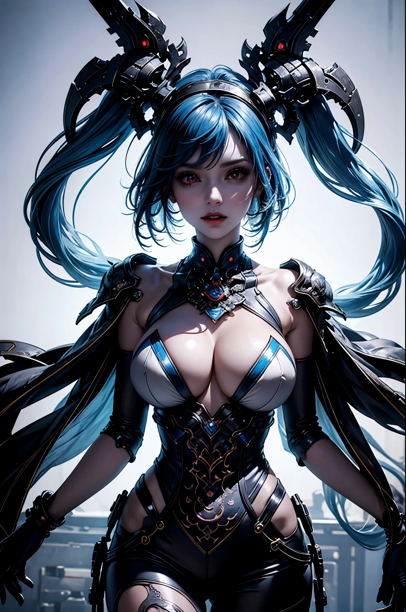 This is an artistic digital illustration portraying the bust of a super gril figure with cybernetic enhancements and an elaborate mechanical headdress. The figure's facial expression is passive yet intense, with striking red eyes and blue makeup accentuating her features against the contrasting cool metallic tones of the machinery. Rich in detail, the artwork blends organic and mechanical aesthetics, combining smooth human skin with intricate gears, wires, and dripping,  Chinese aesthetic landscape on a white background as an RPG game asset, unreal engine, 