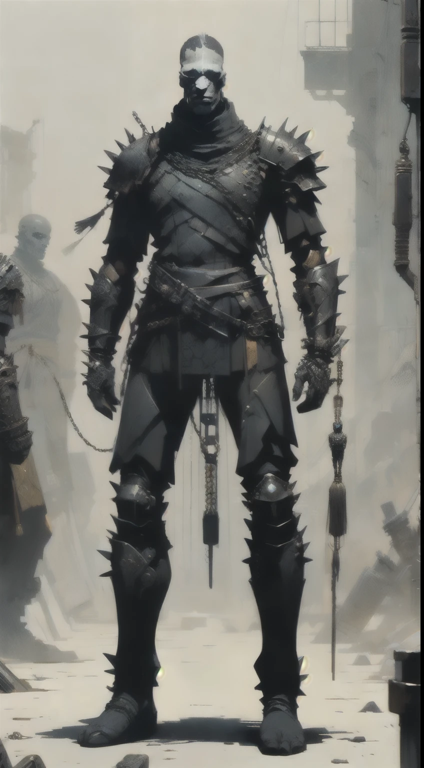 1man, old man, standing on a bloody battlefield, perfect proportions, anatomically correct, (head to toe: 2.0), (full body image: 2.0), solo, extremely stylized, deviant art, masterpiece, highly detailed, detailed eyes, expressive detailed eyes, detailed pupils, futuristic, ((wearing an armored helmet)), ((holding a spiked flail)), (cybernetic arms:1.4), big boots, entire body image, full body shot, professional photograph, ((tassels, large beads, large tassels)), cyberpunk, inkpunk, paint platter, ink splatter, (action pose:1.0), ((chainmail shirt)), old warrior, long beard, ((armor shoulders))