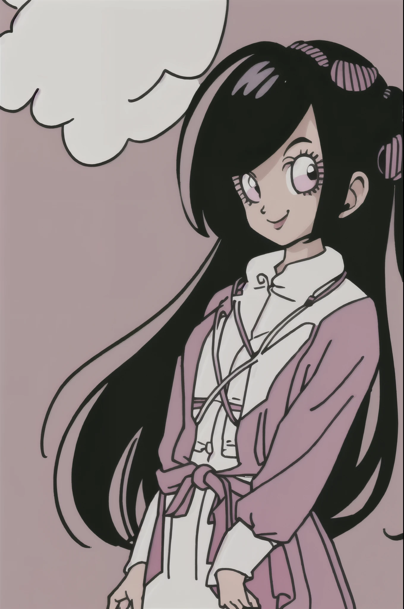 akira toriyama style,1girl, mature lady, ((solo:1.4)), modern clothes, long black hair, pink eyes, anime coloring, innocent smile, ((masterpiece))