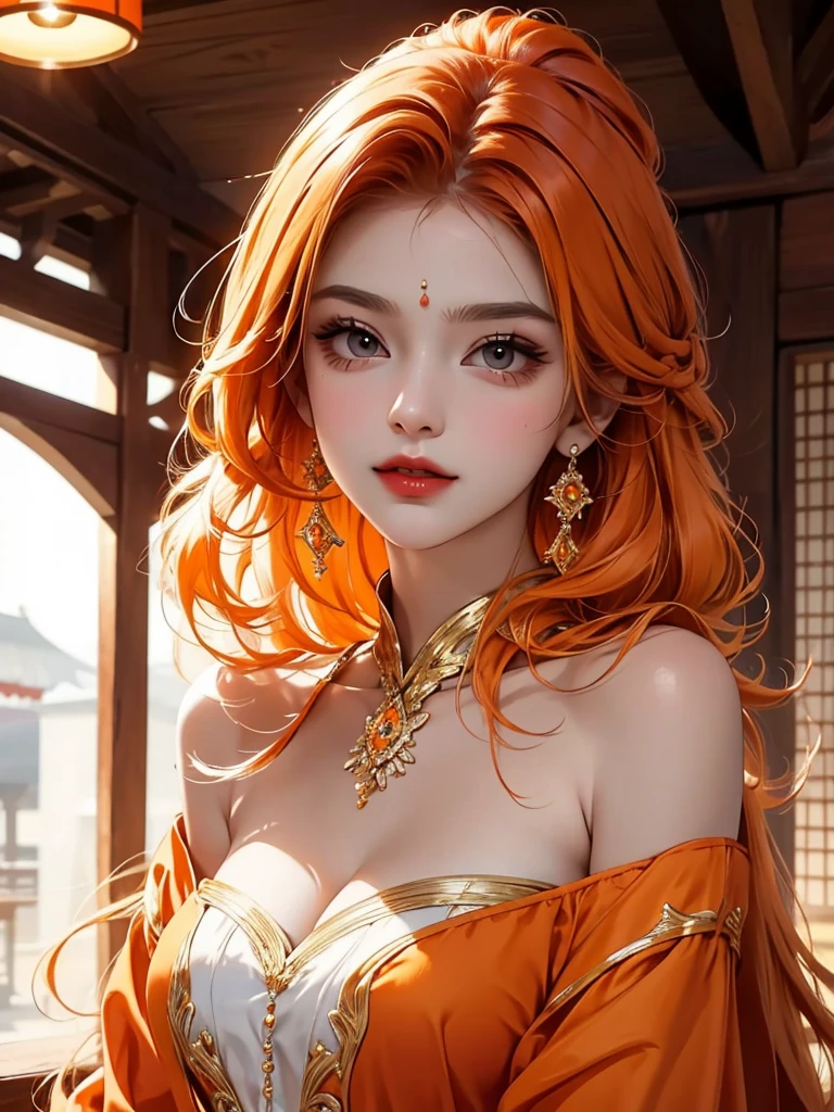 Beautiful woman in gorgeous clothes，Greasy and shiny orange-lipid hair，（Upper Body）Features