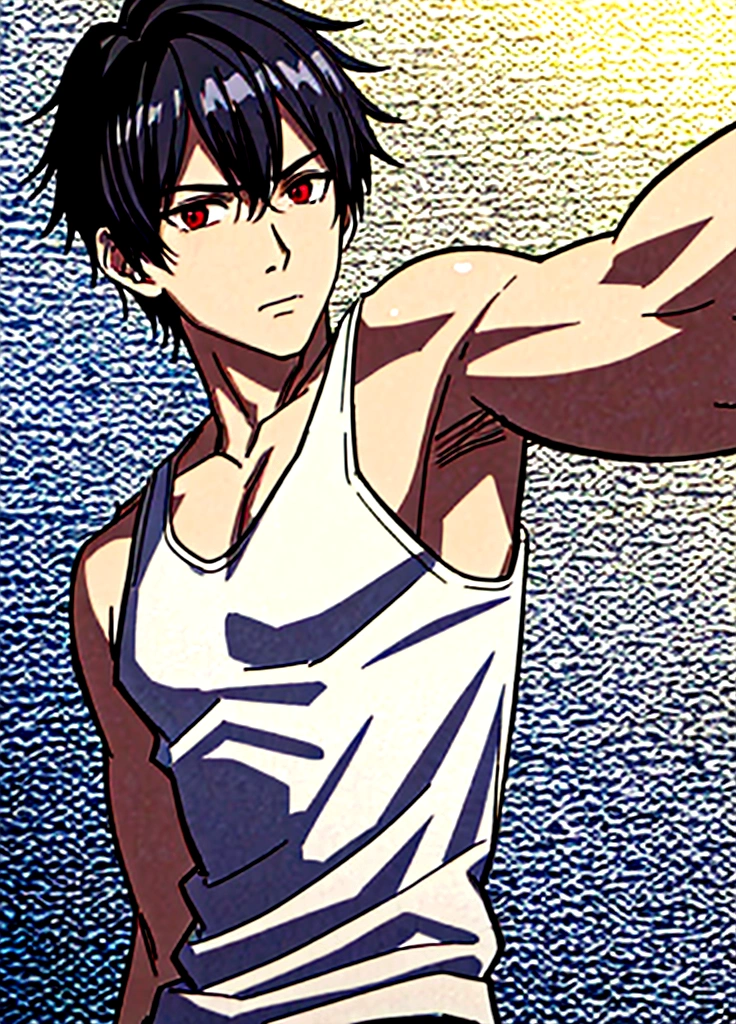 masterpiece, best quality, sketch, 1boy, solo, male focus, looking at viewer, , , , realistic, anos_voldigoad, black hair, red eyes, wearing fit white tank top, showing armpits