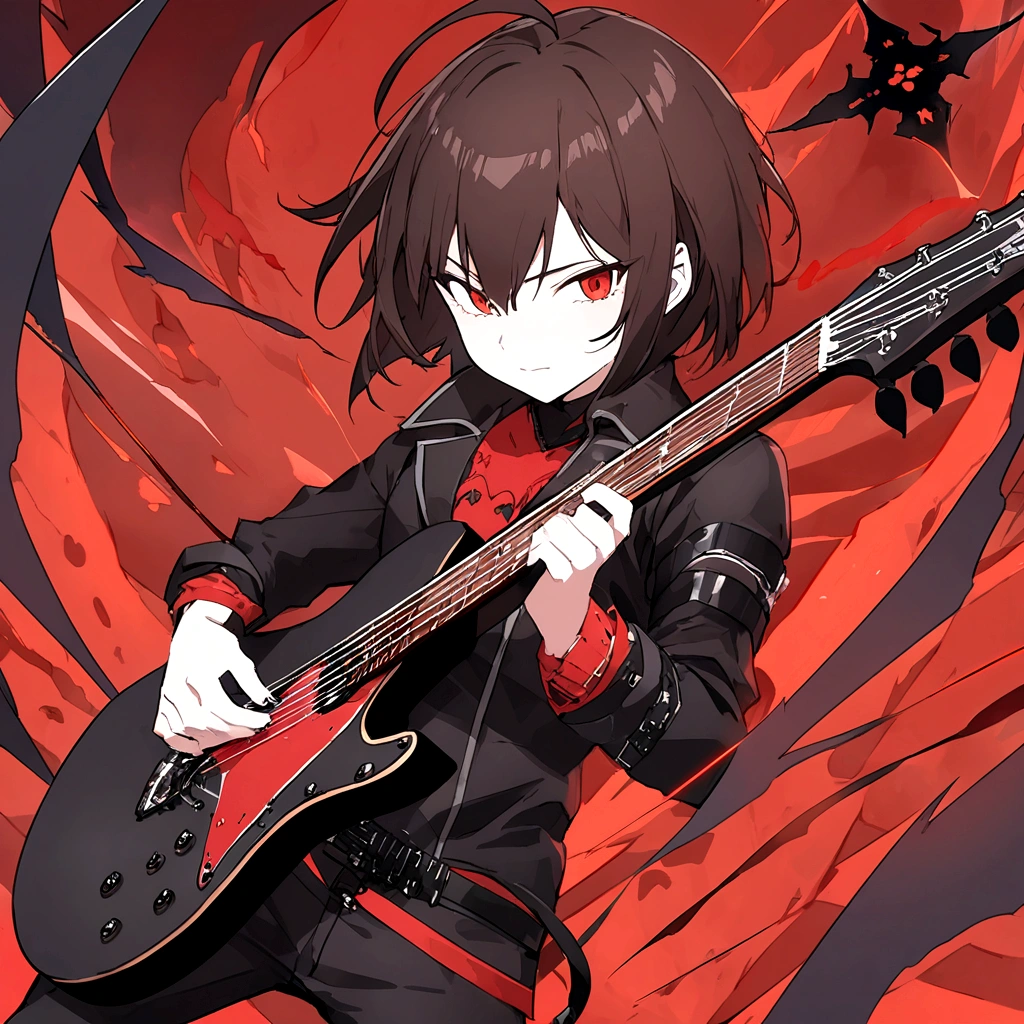 a black-haired anime man, extremely detailed portrait, cinematic lighting, dramatic dynamic pose, 8k resolution, stunning masterpiece, black background, black electric guitar in hand, anime, anime style, best quality, 4k, 8k, highres, masterpiece:1.2, ultra-detailed, vivid colors, sharp focus, physically-based rendering, extreme detail description, professional