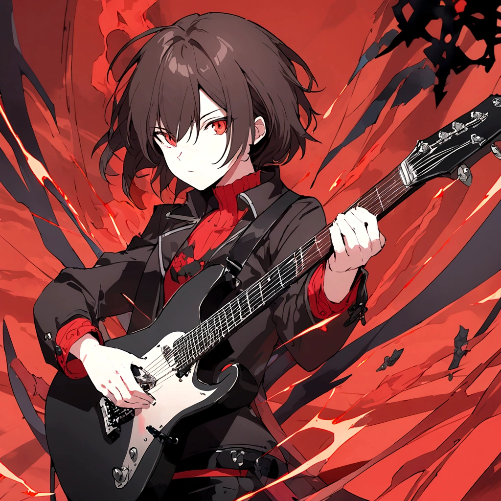 a black-haired anime man, extremely detailed portrait, cinematic lighting, dramatic dynamic pose, 8k resolution, stunning masterpiece, black background, black electric guitar in hand, anime, anime style, best quality, 4k, 8k, highres, masterpiece:1.2, ultra-detailed, vivid colors, sharp focus, physically-based rendering, extreme detail description, professional