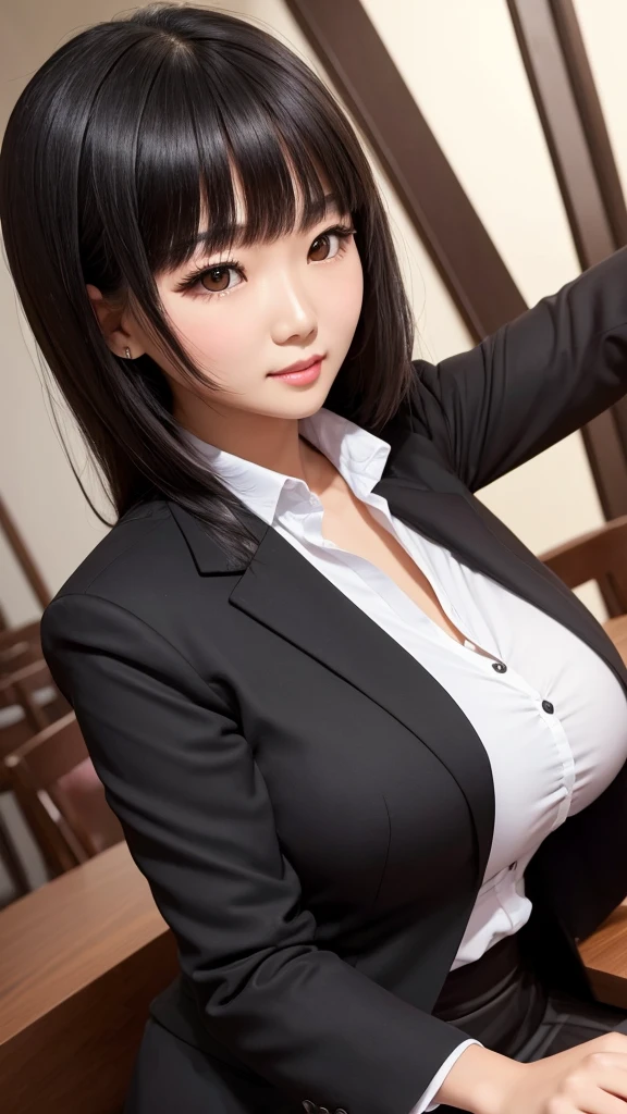 ((high quality)), ((Tabletop)), (Detailed face), (highlight),　Asian woman、Big breasts、Black Hair、Heavy bangs、skirt、blazer