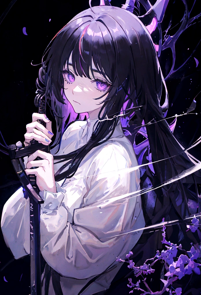 a woman with black hair and white streaks with sad face holding a large purple sword, detailed eyes, detailed sword, cinematic lightning