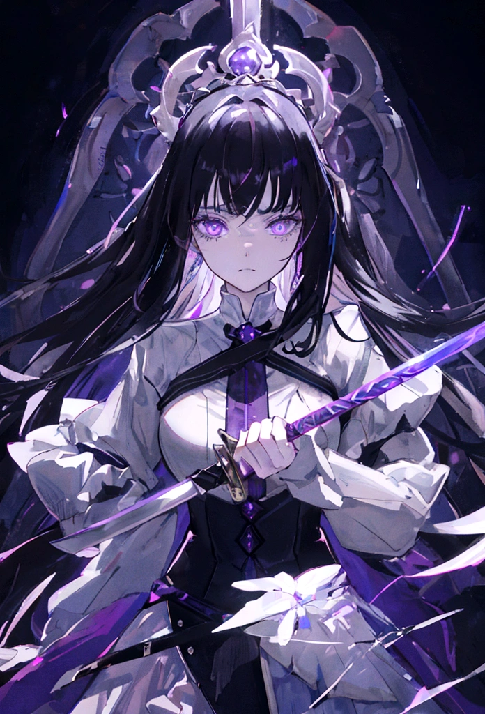 a woman with black hair and white streaks with sad face holding a large purple sword, detailed eyes, detailed sword, cinematic lightning
