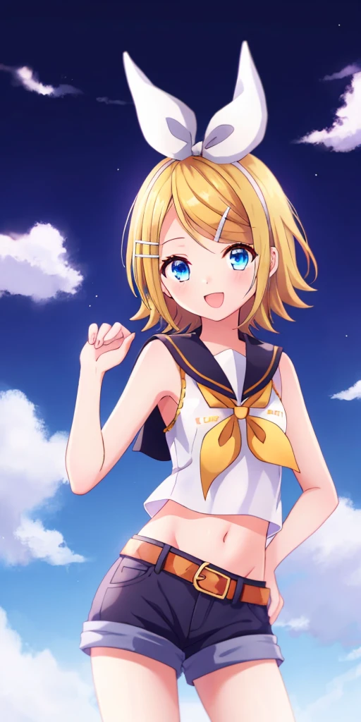 one girl, Kagamine Rin, blue eyes, short hair, beauty, beautiful skin, happily, my girlfriend, naive, my fiance, slender, sailor collar, cute, short pants, black sleeve, standing, cowboy shot, belt