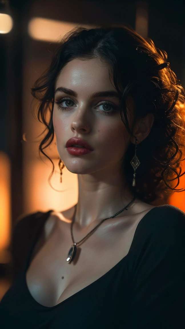 (((Surreal))) photo, masterpiece, top quality, (pale skin), (Super detailed face and eyes:1.3), 1 girl, aldult, Wearing a black T-shirt, A necklace hangs from the chest, necklace cleavage， (eye makeup, Black mascara) , ((Large, delicate lips)), ((dark curly hair)), ((Chiolca)) , (natural breasts), ((pose)), photo shooting, (Side light), (The game of light and shadow), depth of field, Bokeh, (Special attention to skin details: 1.2), detailed leather texture, skin pores. (frame dark atmosphere. Color range - black, tangerine, Red, tune), Dlm grain), (Rays), ((glare)), ((portrait, close to camera)) , Super detailed,
