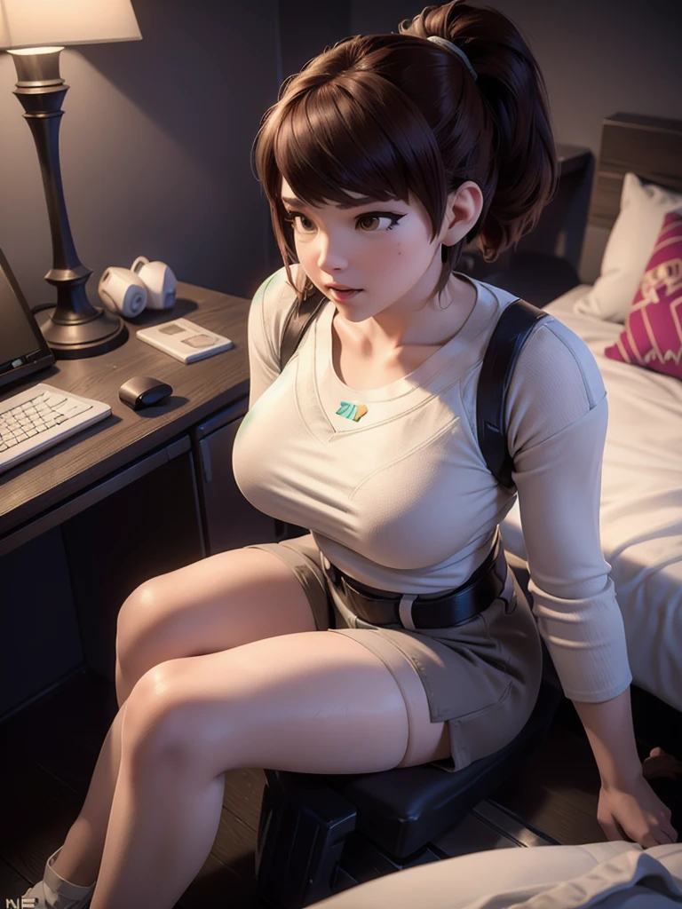 (DVA from Overwatch) without mech, a woman with short brown hair in a (ponytail),she sits on her bed with her legs spread, high quality refelctions, volumetric lighting, wearing a too short and tight (plain ice white t-shirt), in her bedroom on her bed, 1 girl solo, cinematic lighting, high resolution, physically-based rendering, 8k, volumetric lighting, hyperrealistic, detailed facial features, masterpiece, full upper body, gaming setup in background, cinematic, you can see the fabric of the shirt and the knits very detailed, small breasts, nsfw, the focus is on her whole body and the environment, cinematic screenshot, you can see the whole room and her sitting on the bed