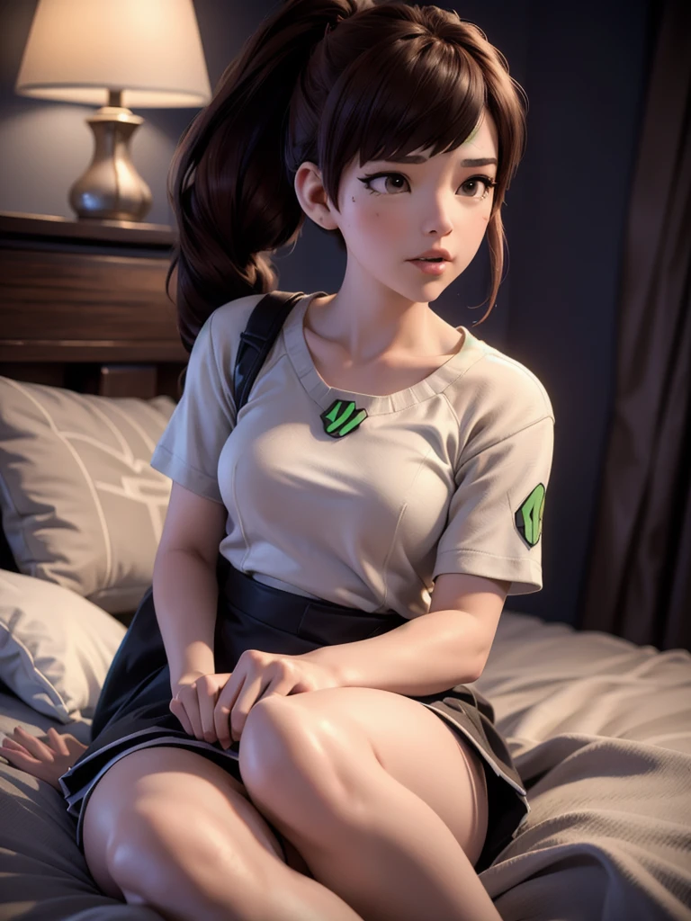 (DVA from Overwatch) without mech, a woman with short brown hair in a (ponytail),she sits on her bed with her legs spread, high quality refelctions, volumetric lighting, wearing a too short and tight (plain ice white t-shirt), in her bedroom on her bed, 1 girl solo, cinematic lighting, high resolution, physically-based rendering, 8k, volumetric lighting, hyperrealistic, detailed facial features, masterpiece, full upper body, gaming setup in background, cinematic, you can see the fabric of the shirt and the knits very detailed, small breasts, nsfw, the focus is on her whole body and the environment, cinematic screenshot, you can see the whole room and her sitting on the bed