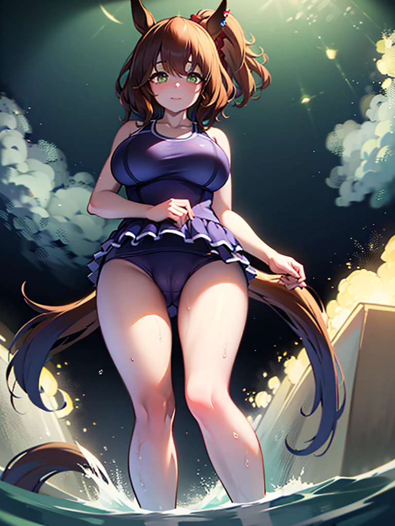 masterpiece, best quality, unity 8k wallpaper, 1girl, solo, aston machan \(umamusume\), horse tail, horse ears, big breasts, standing, from below, school swimsuits, wet, cameltoe,