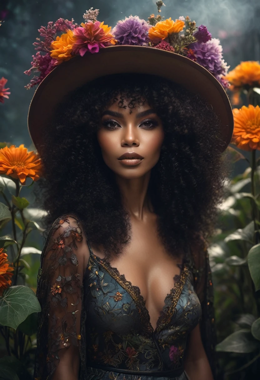 a beautiful woman afro hair WITCH  WITH A hat and amazing flowers the Style-RustMagic, Aum, (atmosfera escura:1.2), (Mist & smoke), (noite escura:1.3), Cicatrizes, (shaggy medium length dark hair:1.1), (sombra:1.1), (brilho lindamente detalhado:1.2), (cinematic lighting), detalhe intrincado, high resolution,