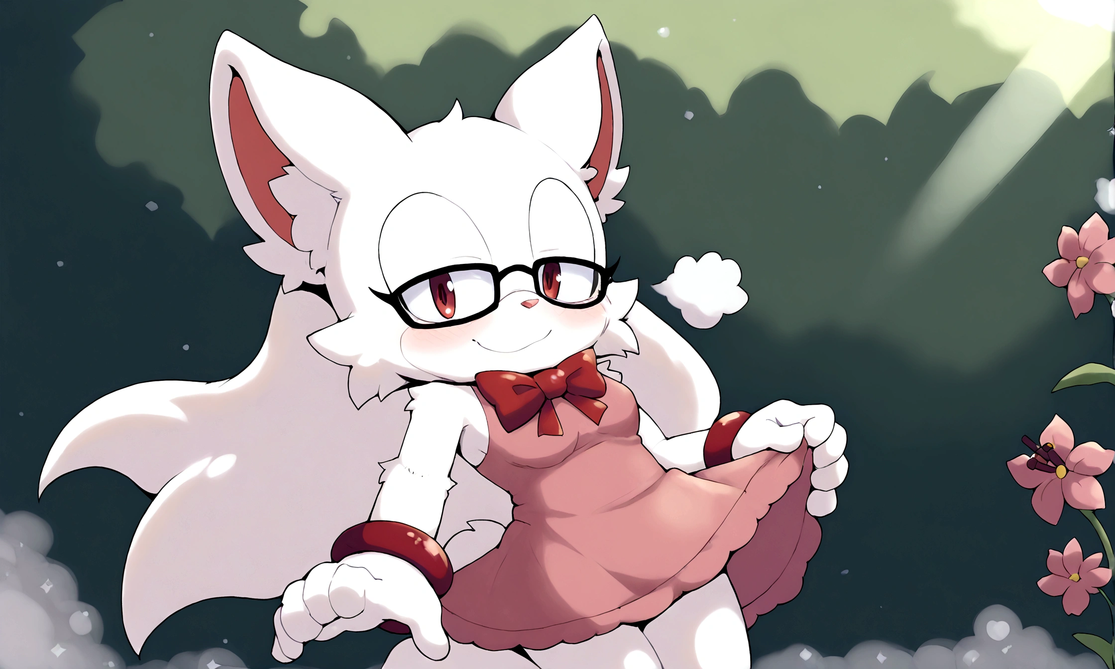 best quality,best resolution,(fluffy anthro furry :1.6),(young :1.6),white rabbit girl,small breasts,red eyes,glistering eyes,white long hair,white rabbit long ears,white rabbit tail,red ribbon bowtie,glasses,red ribbon hairpin,red bracelet with ribbon,pink cute ruffles dress with ribbon,shoulderless,sleeveless,huge flower garden,white sunlight,outdoor,looking at viewer,happy face,smile,heavy breath,full face blush,low angle,jumping,floating