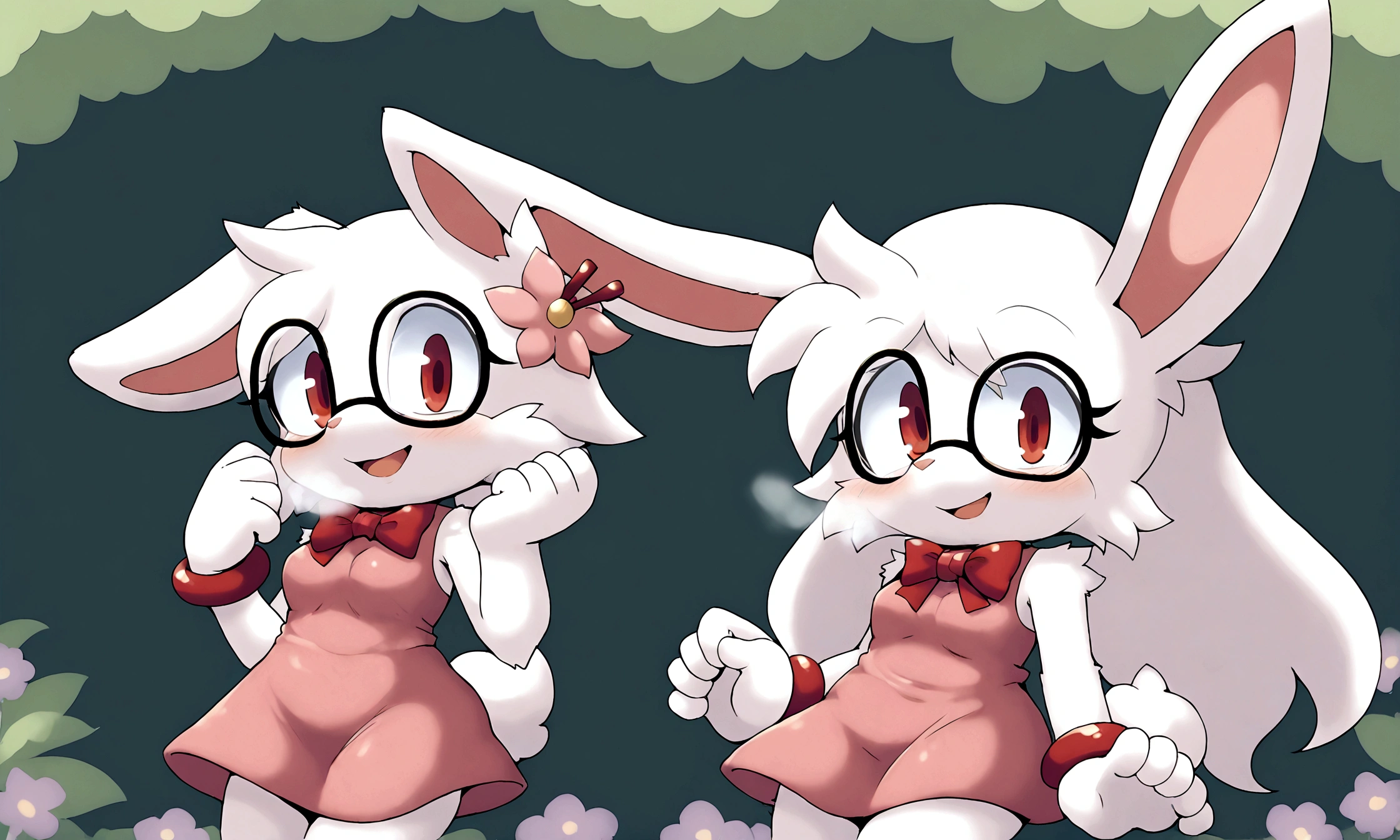 best quality,best resolution,(fluffy anthro furry :1.6),(young :1.6),white rabbit girl,small breasts,red eyes,glistering eyes,white long hair,white rabbit long ears,white rabbit tail,red ribbon bowtie,glasses,red ribbon hairpin,red bracelet with ribbon,pink cute ruffles dress with ribbon,shoulderless,sleeveless,huge flower garden,white sunlight,outdoor,looking at viewer,happy face,smile,heavy breath,full face blush,low angle,jumping,floating