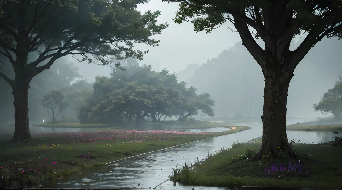 Rain in the landscape, (Masterpiece, Best Quality, High Quality, Highres:1.4), Detailed, Extremely Detailed, Ambient Soft Lighting, 4K, Background, Depth of Field,