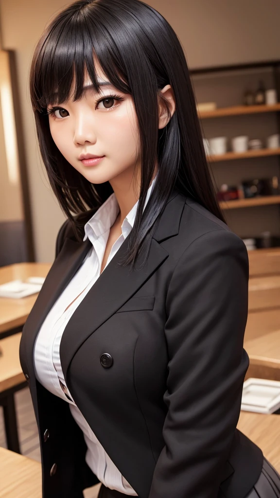 ((high quality)), ((Tabletop)), (Detailed face), (highlight), Asian woman、Big breasts、Black Hair、Heavy bangs、skirt、blazer