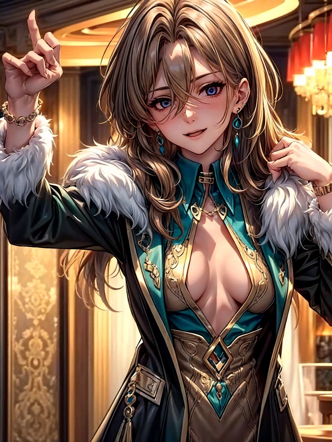 top-quality、tmasterpiece、Very high resolution、super high image quality、High-quality pixels)、perfect eyes, perfect face, perfect body figure,solo,(one woman: 1.3), 8K, (extra-large breasts:1.3),(Detailed description of hair), (Detailed description of face),(Detailed description of body), fair and clear skin, matchless beauty, long legged, (long light brown hair:1.3), hair between eyes, detailed three-concentric-circles eye, shirt, single earing, mild ssmile, black coat, fur trim, casino inside, jewelry, cowboy shot