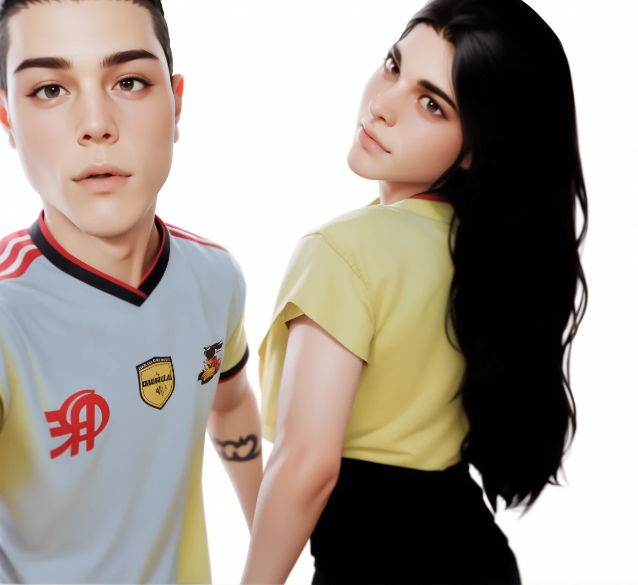 Best quality, casal, cabelo preto, camisa amarela, adolescentes, camisa branca, 24 anos