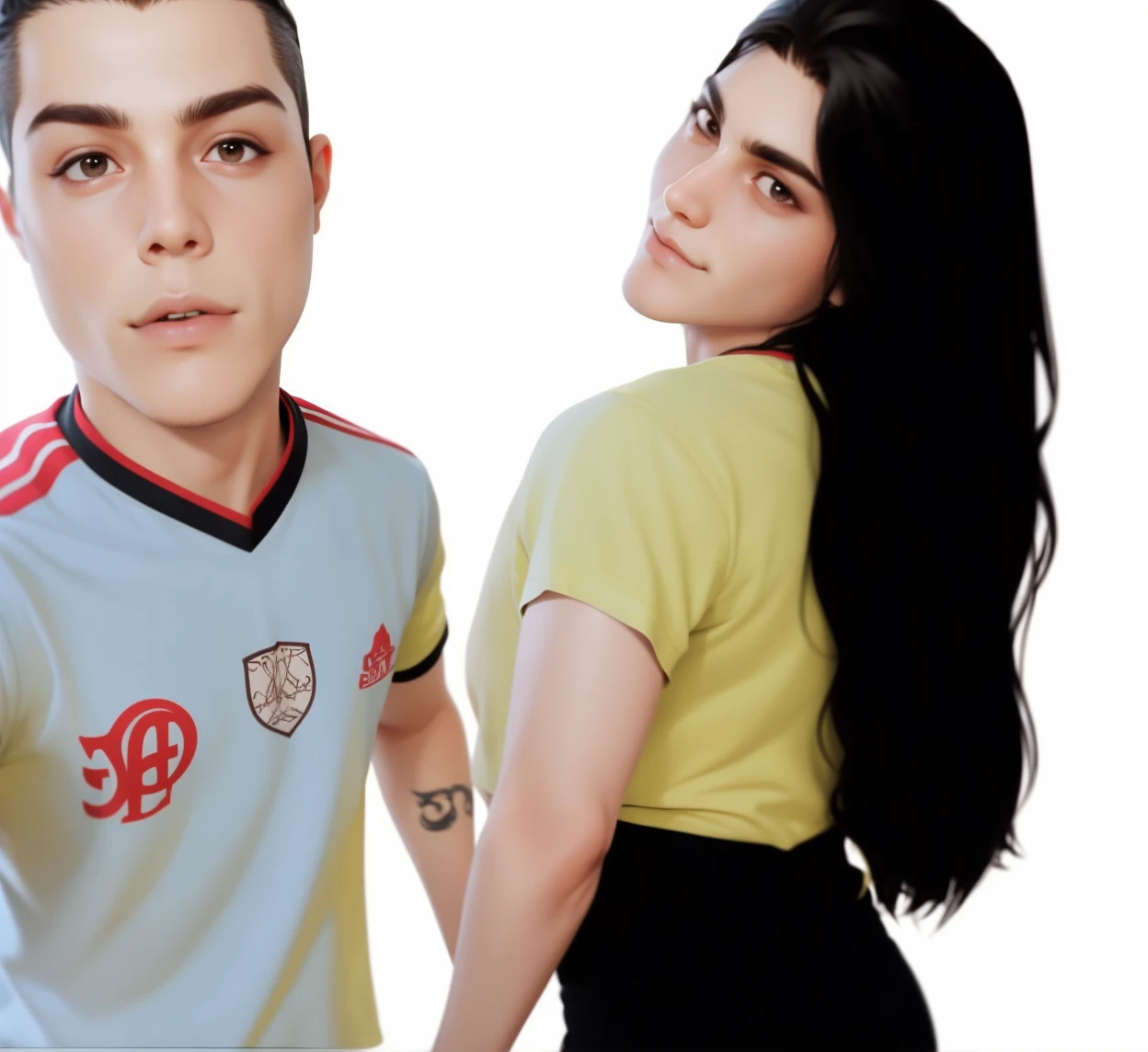 Best quality, casal, cabelo preto, camisa amarela, adolescentes, camisa branca, 24 anos