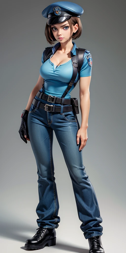 Jill Valentine, masterpiece, best quality, 1girl, solo, standing, jillre1, beret, uniform, shoulder pads, short sleeves, harness, belt, bell-bottom blue pants(Wide flares on pants:1.2), cleavage, black combat boots, full body, perfect blue eyes, perfect red mouth,