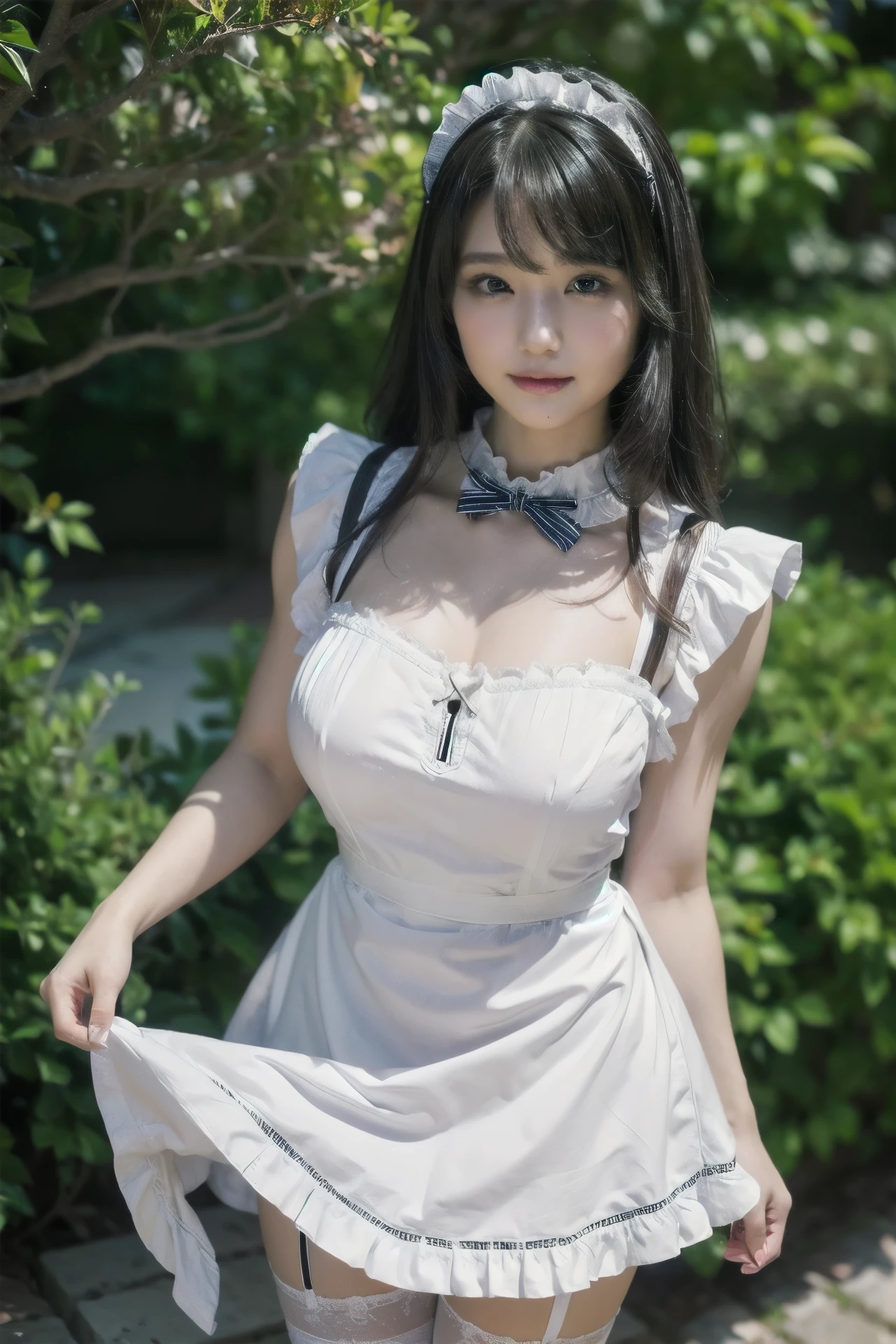 1girl, solo, gravure idol, (black hair:1.2), closed mouth, (smiling:0.8), sexy pose:1.2), (beautiful detailed eyes, shiny eyes, long eyelashes, double eyelid), (natural hand), ((natural eyes and mouth)), (finely detailed beautiful eyes: 1.2),
maidsirius, maid headdress, (white maid apron:1.2), white thighhighs, hair ornament, hairclip, ((white:1.2) frilled apron), (maid dress:1.2), (maid skirt:1.2), garter straps, short sleeves, ascot, alternate costume, lace trim, 
looking at viewer, (cowboy shot:1.4), (front view),
BRAKE, (open garden:1.4),
photo, photo realistic, (photorealistic:1.4), best quality, high quality, 4K, RAW, masterpiece, beautiful face,
