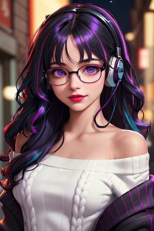 (best quality, masterpiece, perfect face, beautiful and aesthetic:1.2, colorful, dynamic angle, highest detailed face), 20 years old girl, medium, flirting on camera, 35mm, bokeh, 9:16, neon city, colorful lights, (intricate details, hyperdetailed:1.15), (high contrast, official art, extreme detailed, highest detailed), perfect face, female, gamer girl, aqua eyes, wearing red lipstick, light smile, medium black wavy hair, wavy hair with purple highlights, wearing headphones, nerdy glasses, with black frames, bangs, she is wearing a white off-shoulder sweater, nighttime, alley way, 3/4 body view