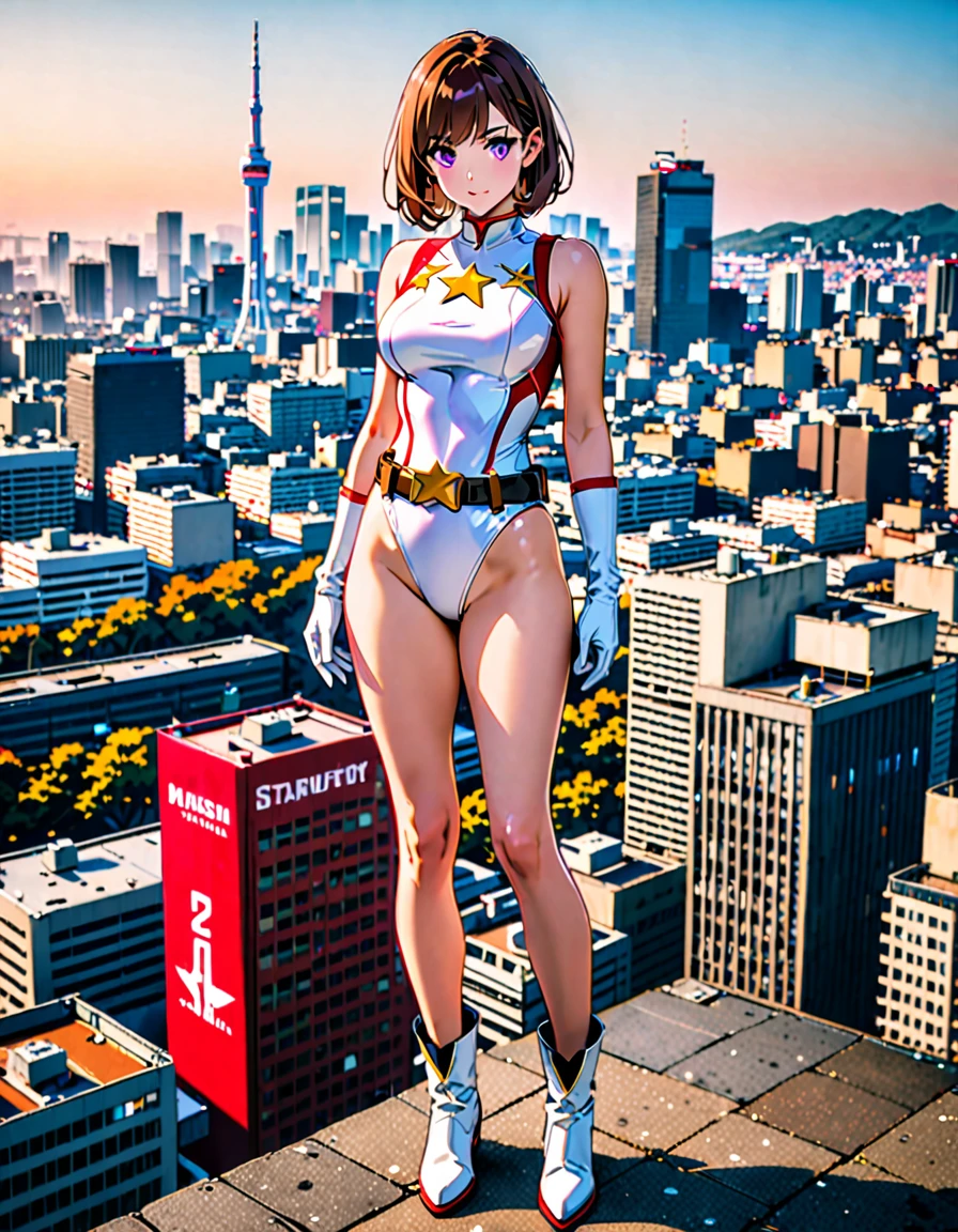 (masterpiece), (best quality), (high res), medium breasts, ((leotard, white and red leotard, matching leotard, sleeveless, bare legs)), ((tight belt, gold belt)), ((boots, matching boots, ankle-high boots, white boots)), ((gloves, white gloves)), city backdrop, tokyo city backdrop, solo, solo focus, standing, (full body), cowboy shot, superhero, ((beautiful detailed eyes)), ((gold star symbol on chest)), (brown hair, medium hair, bob hair, purple eyes), (perfect hands, perfect anatomy), cowboy shot, superhero, ((beautiful detailed eyes)), (full body costume design).