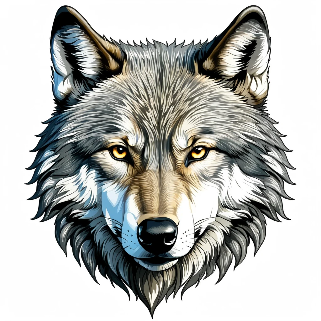 Emblem in the form of a strong wolf's face, natural colors, no background, best image quality