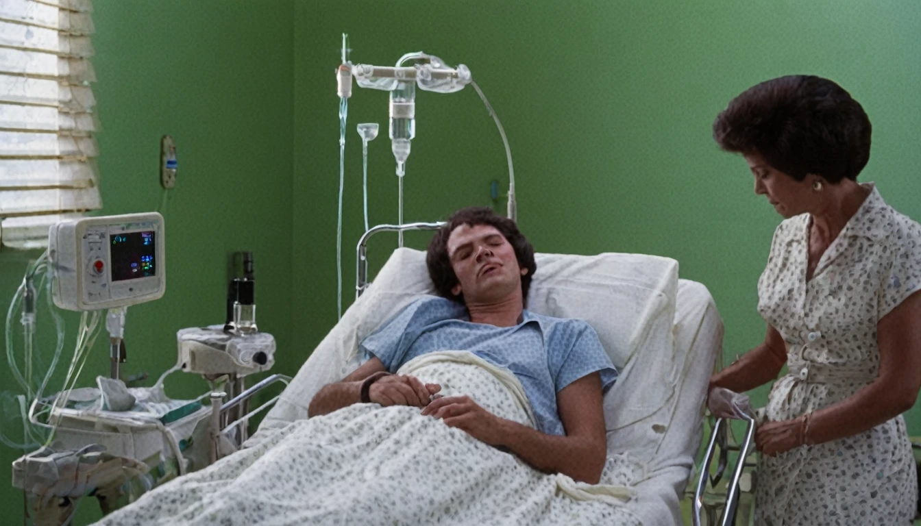 Brazil, 70s, in hospital room, man, white, 22 years old, is lying in the hospital bed, he is taking IV fluids. Next to him his mother, a 50-year-old woman, and his grandmother, an 80-year-old woman.