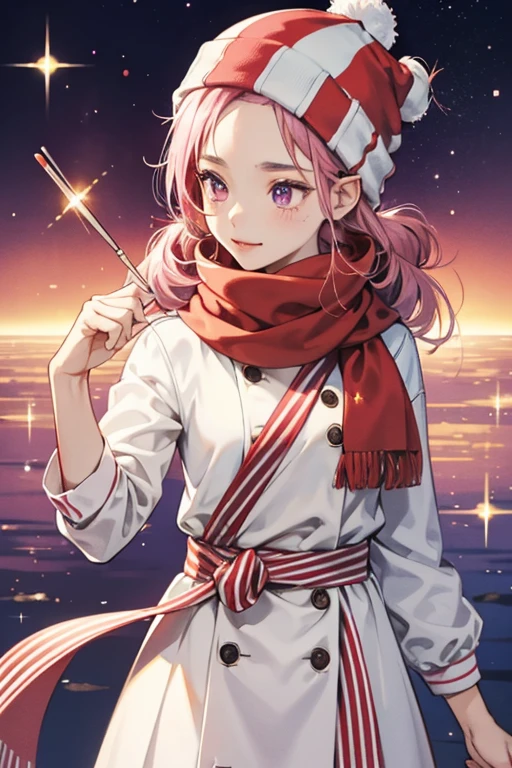 Sukatchi has light pinkish skin. she wears a striped red, white and blue beanie (resembling the French flag) and a red scarf around her neck. A single pinkish-purple curl of hair sticks out from under her beanie. SPARKLE; GLITTER