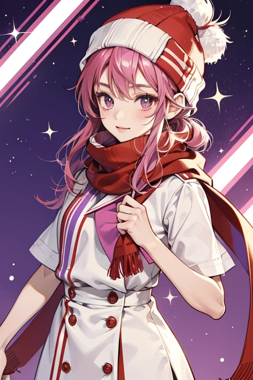 Sukatchi has light pinkish skin. she wears a striped red, white and blue beanie (resembling the French flag) and a red scarf around her neck. A single pinkish-purple curl of hair sticks out from under her beanie. SPARKLE; GLITTER