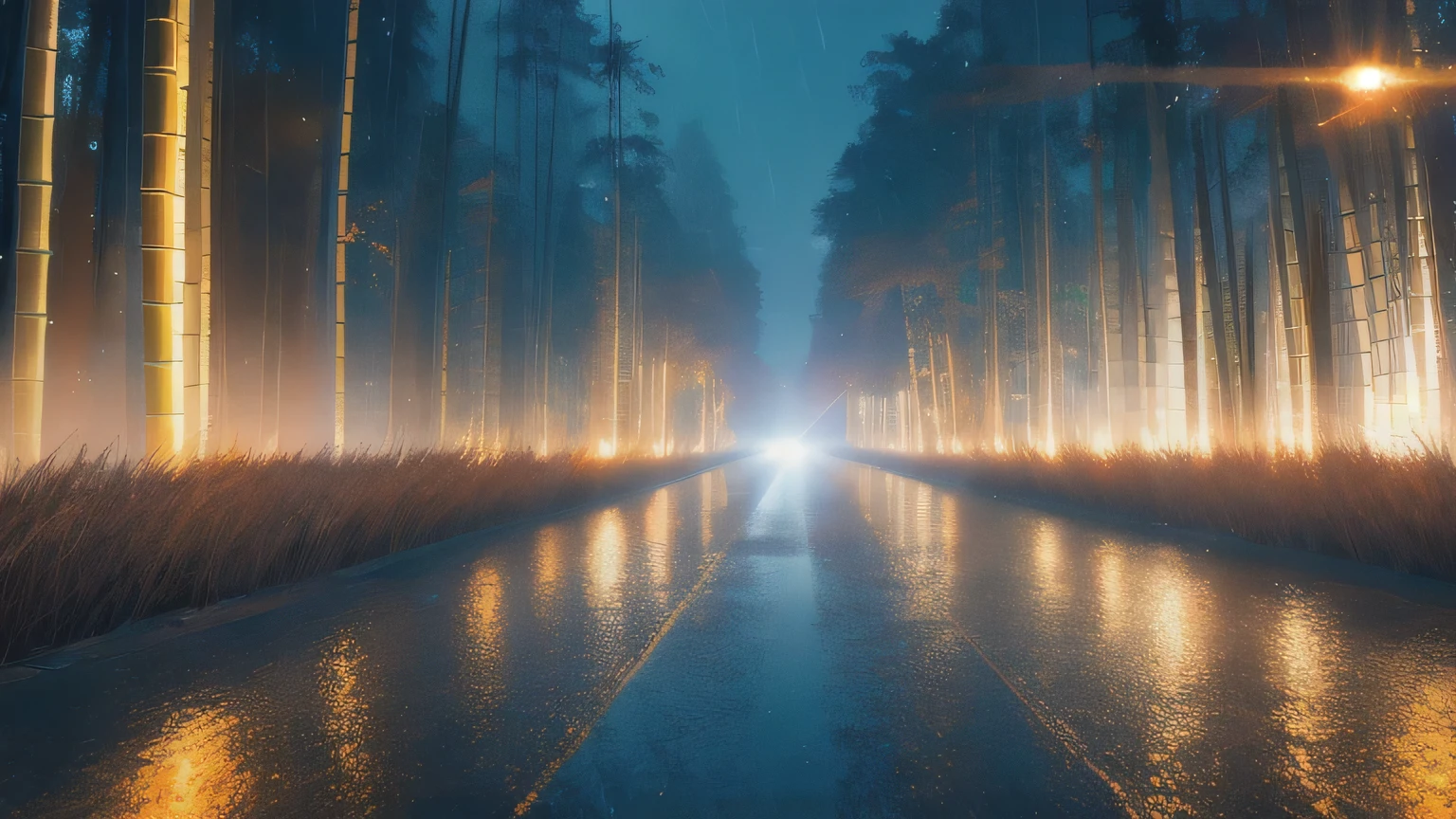 Bamboo forest in the rain, Road made of wooden planks, Water on the ground, reflection. style, masterpiece, ratio, detailed, Art Station Trends, Beautiful lighting, Realistic, Complex, Award-winning, 4K, highest quality Award-winning, 4K digital painting in the style of Yoshitaka Amano. A detailed and Complex depiction of the zombie apocalypse, Skillfully capture the chaos and drama of the scene. Beautiful lighting and cinematic composition make this a true masterpiece., Popular on ArtStation