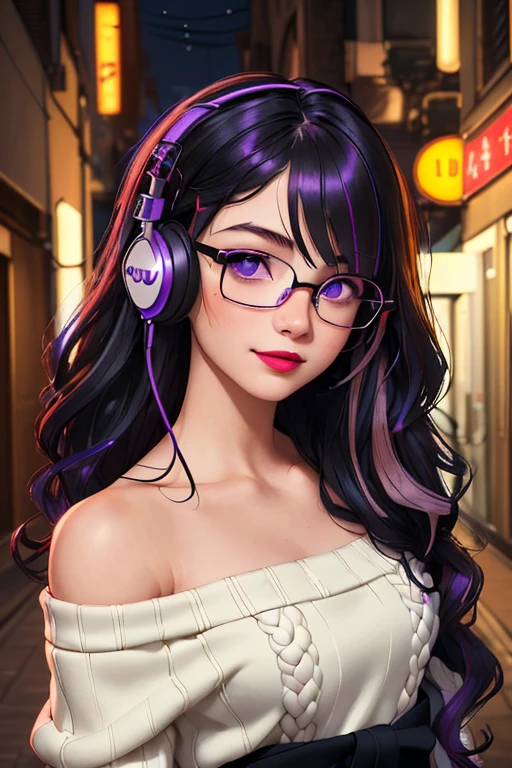 (best quality, masterpiece, perfect face, beautiful and aesthetic:1.2, colorful, dynamic angle, highest detailed face), 20 years old girl, medium, flirting on camera, 35mm, bokeh, 9:16, neon city, colorful lights, (intricate details, hyperdetailed:1.15), (high contrast, official art, extreme detailed, highest detailed), perfect face, female, gamer girl, aqua eyes, wearing red lipstick, light smile, medium black wavy hair, wavy hair with purple highlights, wearing headphones, nerdy glasses, with black frames, bangs, she is wearing a white off-shoulder sweater, nighttime, alley way, 3/4 body view
