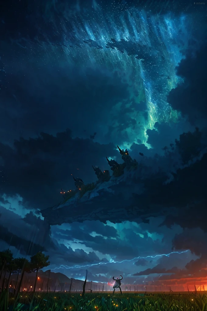 A fierce battle scene where the hero fights against a horde of monstrous creatures. The hero, with determination in his eyes, swings his sword valiantly. His blue tunic and cape billow as he moves, and the sky is dark and filled with storm clouds. The battlefield is chaotic with clashing swords and magic spells.