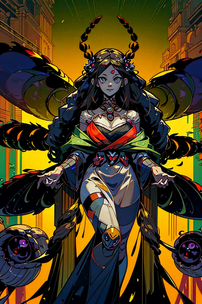 1girl, alone, young , little ???,10 years old, pure youngster, semi human, half spider, spider legs, extra arms, extra legs, 8limbs, blonde long hair, green clothes, big green innocent eyes, arachnid style, background filled with insects, main character, boss style, hades style, hadesstyle, hades2style, hades 2 style, Arachne, Arachnea, silk weaver, insect lover, insects crawling, background with beetle patterns, spider patterns, web patterns, centipede patterns