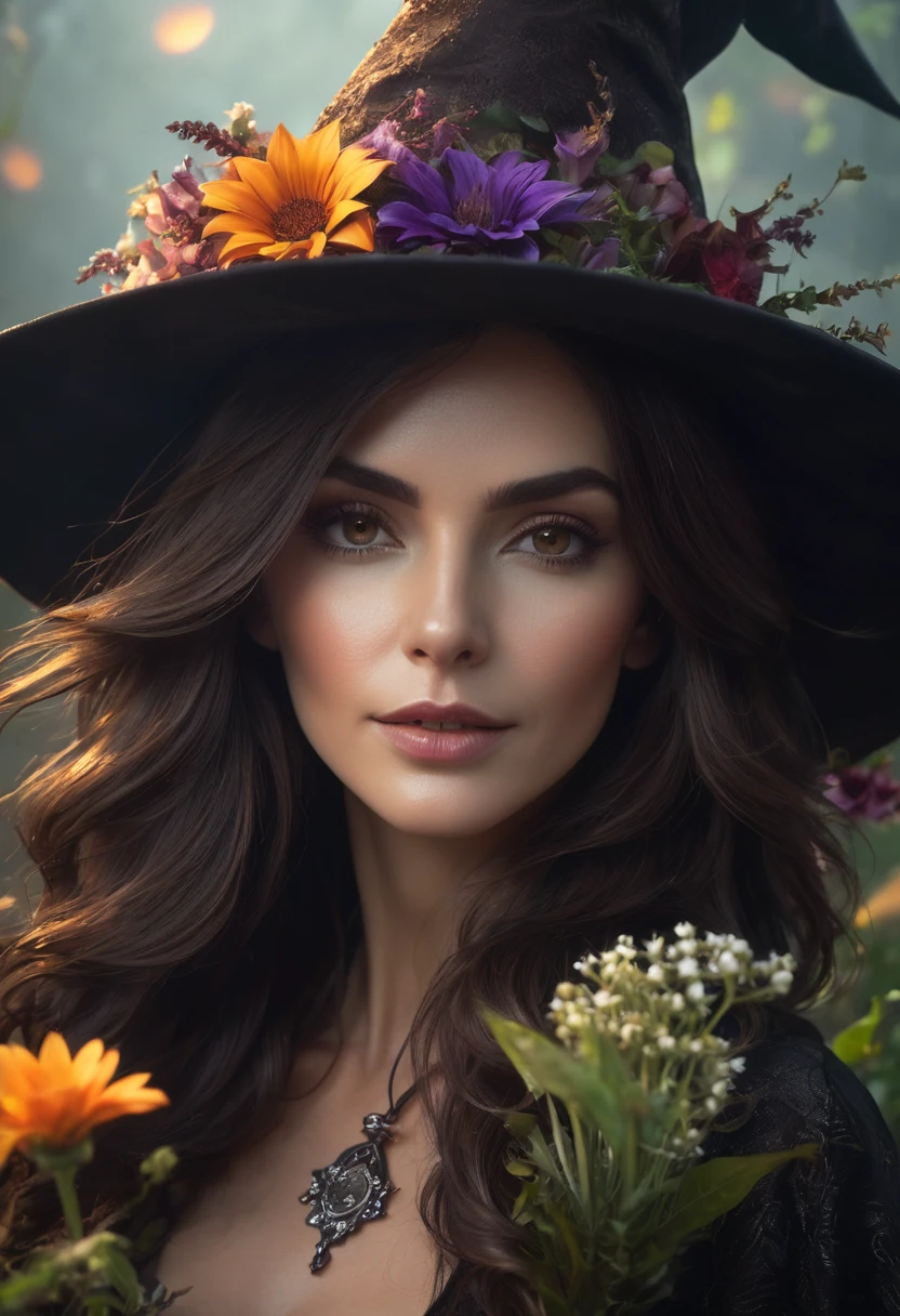 a beautiful woman brown hair WITCH WITH A hat and amazing flowers the Style-RustMagic, Aum, (atmosfera escura:1.2), (Mist & smoke), (noite escura:1.3), Cicatrizes, (shaggy medium length dark hair:1.1), (sombra:1.1), (brilho lindamente detalhado:1.2), (cinematic lighting), detalhe intrincado, high resolution,